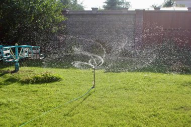 Yeşil çimenleri sulayan otomatik çim püskürtücü. Otomatik fıskiyeli. Bahçe sulama sistemi çimenleri suluyor