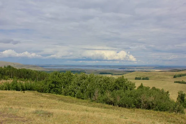 Paisagem de verão de tirar o fôlego Céu azul Ar fresco da floresta Campo Montanhas Vista superior — Fotografia de Stock