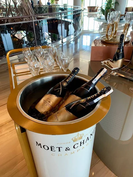 Bodrum, Turkey - August, 2020: Collection champagne MOET at the Lujo Hotel counter Стокова Картинка