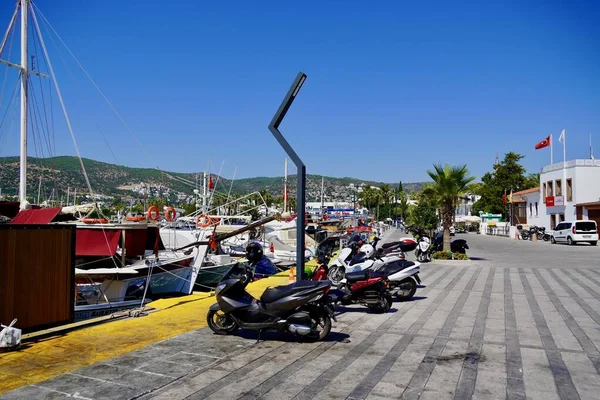 Bodrum, Mugla. Turchia - Agosto 2020: Veduta di una baia e del porto turistico. Piccoli pescherecci tradizionali, yacht e caicchi. La montagna. — Foto Stock