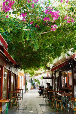 Bodrum, Türkiye - Ağustos 2020: Eski kentteki Atmosferik Dar Sokak. Türkiye 'de günlük atmosfer. Bouganville çiçekleri 