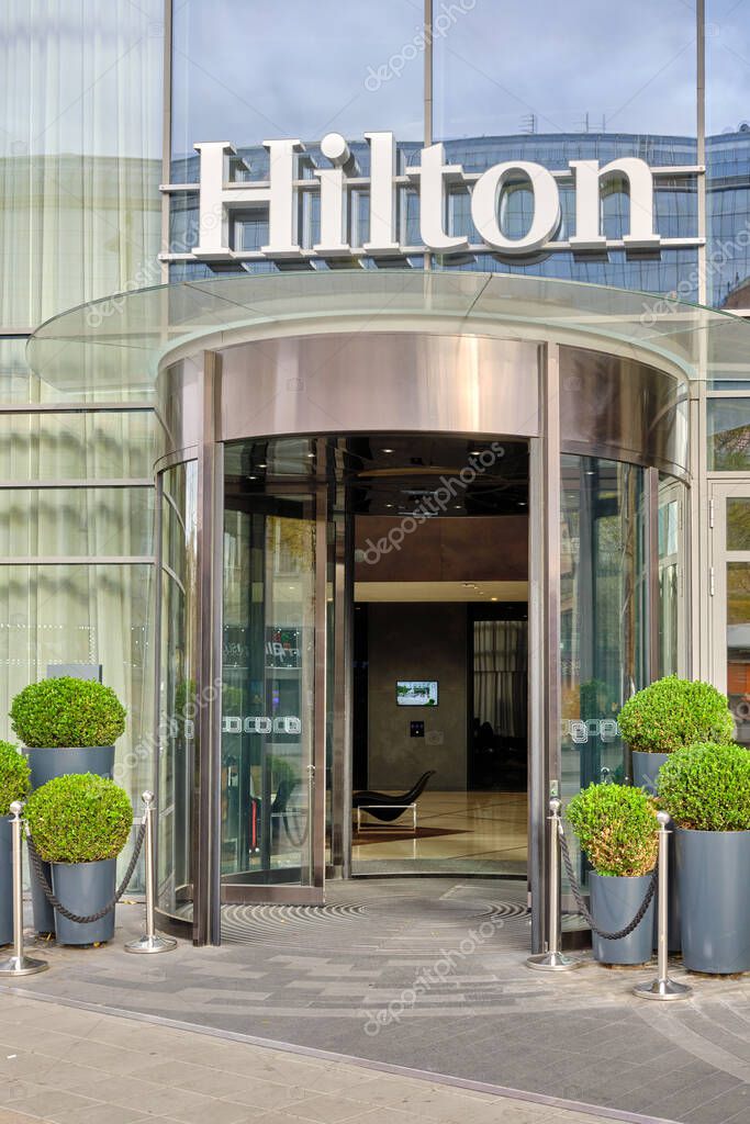 Belgrade / Serbia - November 17, 2019: Entrance to the luxurious Hilton hotel in downtown Belgrade, capital of Serbia