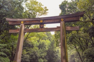 Torii kapısı Meiji Tapınağı 'na açılıyor. Meiji Tapınağı (Meiji Jingu), İmparator Meiji ve eşi İmparatoriçe Shoken, Tokyo, Japonya 'nın tanrılaştırılmış ruhlarına adanmış bir tapınaktır.