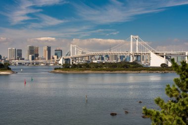 Tokyo / Japonya - 18 Ekim 2017: Gökkuşağı köprüsü ve Tokyo şehir manzarası, Tokyo Körfezi boyunca Odaiba adasından manzara