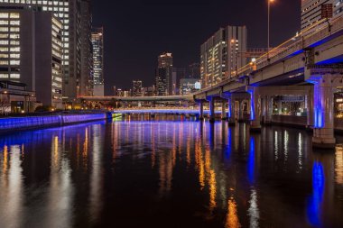 Osaka / Japonya - 19 Ocak 2018: Osaka şehir merkezinin akşam manzarası ve O nehri üzerindeki köprüler, Japonya