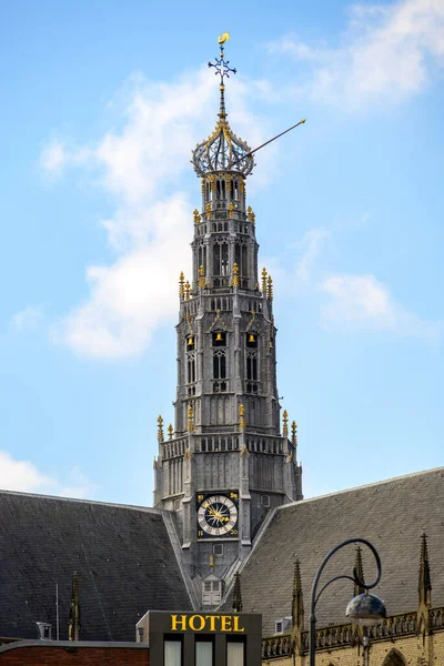 22 Temmuz 2025 'te Hollanda' nın Haarlem kentindeki Grote Markt meydanında yer alan Reformist Protestan Kilisesi, Saint Bavo Grote Kerk Kilisesi 'nin çan kulesi.