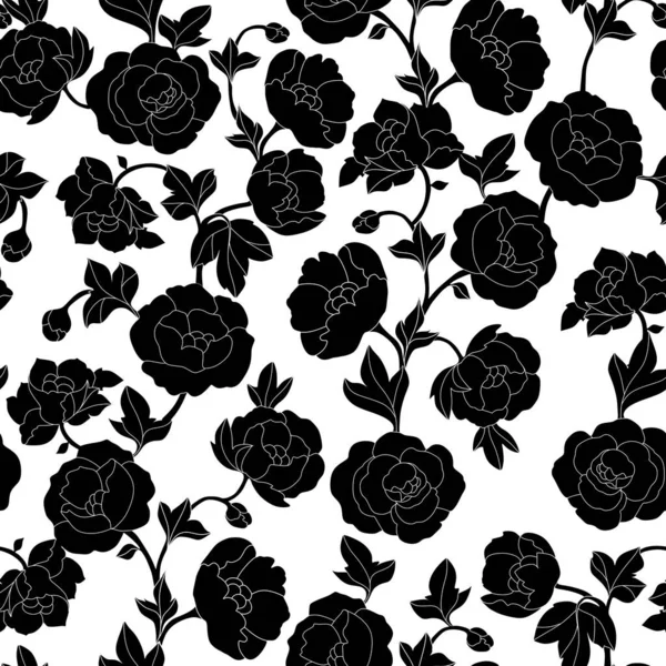Black and white Baroque flowers on a white background. Seamless vector pattern.