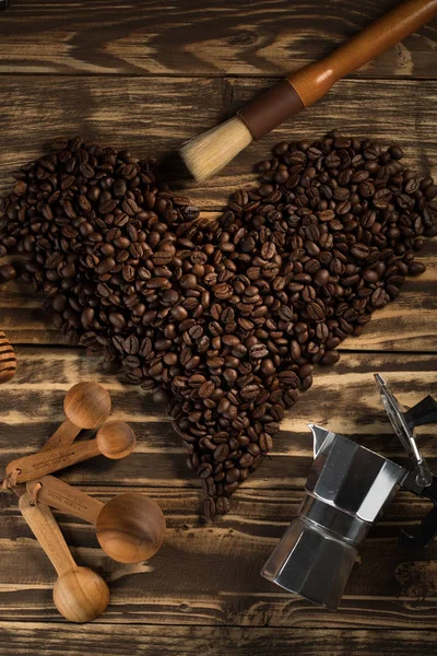 Coffee Beans Heart Shape Moka Pot Espresso Machine Decoration Wood — Stock Photo, Image
