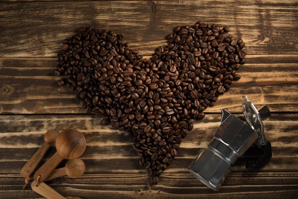 Coffee Beans Heart Shape Moka Pot Espresso Machine Decoration Wood — Stock Photo, Image