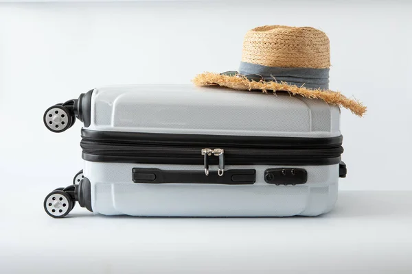 Bagaż Biały Bagażu Prowadzić Samolot Kapelusz Podróży Podróż Miejsca Przeznaczenia — Zdjęcie stockowe