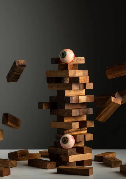 wood jenga game party business concept risk strategy fall down