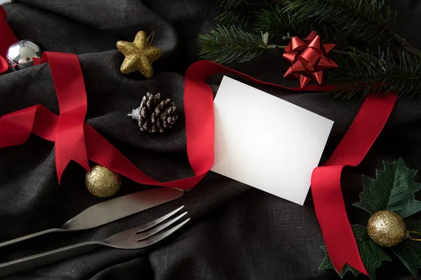 Weihnachten Silvesterparty Mit Utensil Abendessen Grußkarte Hintergrund Feiern Zeit Der — Stockfoto