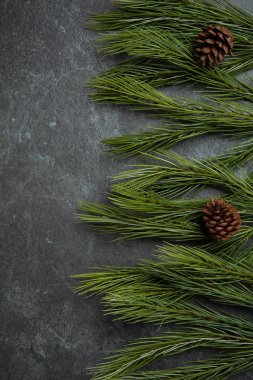 Altın christmas dekoratif altın şerit kırmızı top çam kozalağı ile kutlamak ve şube düz üstten görünüm yatıyordu