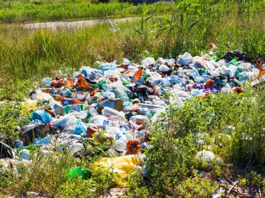 Odessa, Ukrayna - 2 Haziran 2018: Çok çöp ve plastik şişe nehir kıyısında. Çevre kirliliği sorunu. Beach kirliliği. Çevre felaketi.