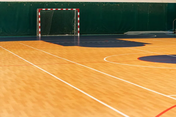 Gym Playing Futsal Mini Football Folded Wooden Parquet Field Hall — Stock Photo, Image