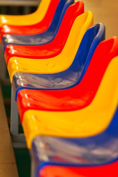 Multicolored Empty Plastic Chairs Stands Stadium Many Empty Seats Spectators — Stock Photo, Image