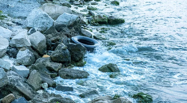 中古車タイヤは自然に残った 車の古い不要なタイヤは水に残った リサイクル廃棄物 廃棄物管理の環境汚染環境問題の問題 — ストック写真