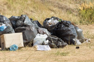 Büyük siyah plastik çöp torbaları çöp yığını Şehir Parkı ekoloji takunya. Büyük bir şehir, endüstriyel ve yerel atık kullanımı ekolojik sorunu. Çöp poşetleri