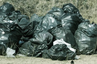 Büyük siyah plastik çöp torbaları çöp yığını Şehir Parkı ekoloji takunya. Büyük bir şehir, endüstriyel ve yerel atık kullanımı ekolojik sorunu. Çöp poşetleri