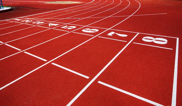 Esteira Com Números Estádio Esportes Pista Corrida Campo Esportes Vermelho — Fotografia de Stock