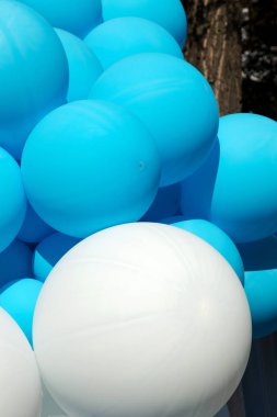 Hava balonları arka plan, helyum balonları, mutlu Doğum günü, sürpriz tatil, dekorasyon için büyük demet. Mavi ve beyaz hava balon farklı boyutlarda gökyüzü arka plan üzerinde Festival arka plan.