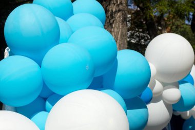Hava balonları arka plan, helyum balonları, mutlu Doğum günü, sürpriz tatil, dekorasyon için büyük demet. Mavi ve beyaz hava balon farklı boyutlarda gökyüzü arka plan üzerinde Festival arka plan.