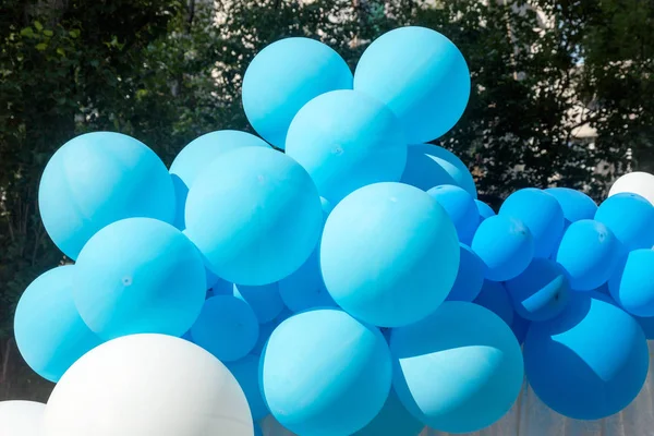 Hava balonları arka plan, helyum balonları, mutlu Doğum günü, sürpriz tatil, dekorasyon için büyük demet. Mavi ve beyaz hava balon farklı boyutlarda gökyüzü arka plan üzerinde Festival arka plan.