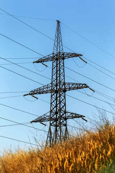 Power lines. Electric distribution station. High voltage power transmission tower of high voltage with wires in the afternoon in the steppe outside the city