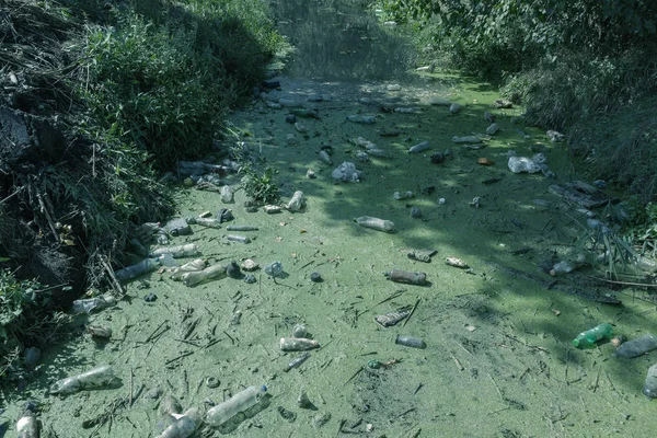 Küçük Nehri'ne dökülen çöp. Boş kanal su kirli plastik şişeler şamandıra kullanılır. Evin diğer çöplerini attığınız çevre kirliliği. Ekolojik sorun. Çeşitli çöp ile kontamine Nehri