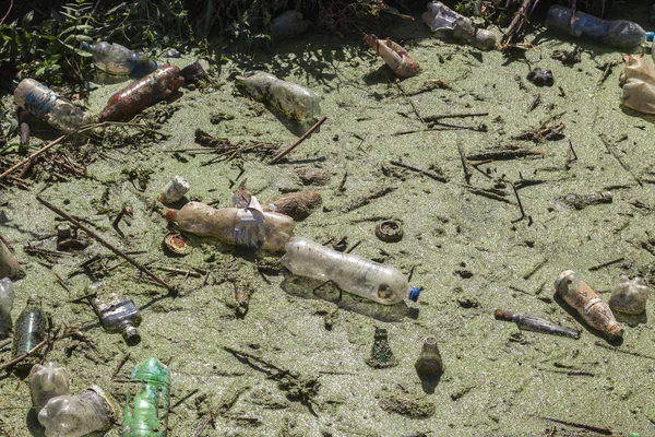 Küçük Nehri'ne dökülen çöp. Boş kanal su kirli plastik şişeler şamandıra kullanılır. Evin diğer çöplerini attığınız çevre kirliliği. Ekolojik sorun. Çeşitli çöp ile kontamine Nehri