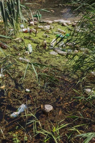 Küçük Nehri'ne dökülen çöp. Boş kanal su kirli plastik şişeler şamandıra kullanılır. Evin diğer çöplerini attığınız çevre kirliliği. Ekolojik sorun. Çeşitli çöp ile kontamine Nehri