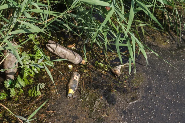 Derramó Basura Pequeño Río Vacío Utiliza Botellas Plástico Sucio Flotan —  Fotos de Stock