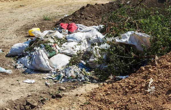 İnsanlar tarafından çevre kirliliği. Çorak içinde yasadışı çöp dökümü. Torbalarda bir çöplükte ev çöp yığını. Atık büyük bir yığın çöp Dağı'na uzanır