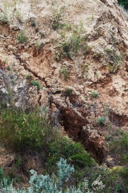 Karadeniz kıyısındaki heyelan bölgesi. Deniz taşı kabuğu. Yağmur mevsiminde doğal afetler bölgesi. Büyük toprak kütleleri tepenin yamacında kayıp evleri yok ediyor. Heyelan - yaşam tehdidi
