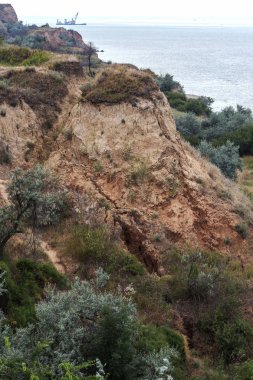 Karadeniz kıyısındaki heyelan bölgesi. Deniz taşı kabuğu. Yağmur mevsiminde doğal afetler bölgesi. Büyük toprak kütleleri tepenin yamacında kayıp evleri yok ediyor. Heyelan - yaşam tehdidi