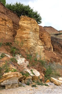Karadeniz kıyısındaki heyelan bölgesi. Deniz taşı kabuğu. Yağmur mevsiminde doğal afetler bölgesi. Büyük toprak kütleleri tepenin yamacında kayıp evleri yok ediyor. Heyelan - yaşam tehdidi