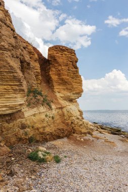 Karadeniz kıyısındaki heyelan bölgesi. Deniz taşı kabuğu. Yağmur mevsiminde doğal afetler bölgesi. Büyük toprak kütleleri tepenin yamacında kayıp evleri yok ediyor. Heyelan - yaşam tehdidi