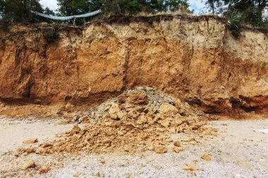Karadeniz kıyısındaki heyelan bölgesi. Deniz taşı kabuğu. Yağmur mevsiminde doğal afetler bölgesi. Büyük toprak kütleleri tepenin yamacında kayıp evleri yok ediyor. Heyelan - yaşam tehdidi