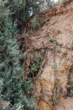 Karadeniz kıyısındaki heyelan bölgesi. Deniz taşı kabuğu. Yağmur mevsiminde doğal afetler bölgesi. Büyük toprak kütleleri tepenin yamacında kayıp evleri yok ediyor. Heyelan - yaşam tehdidi