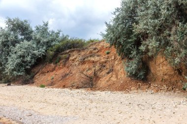 Karadeniz kıyısındaki heyelan bölgesi. Deniz taşı kabuğu. Yağmur mevsiminde doğal afetler bölgesi. Büyük toprak kütleleri tepenin yamacında kayıp evleri yok ediyor. Heyelan - yaşam tehdidi
