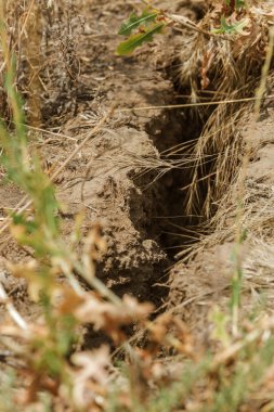 Son kasırga ve deprem sonra yeryüzünde Yalı heyelan bölgesinde derin çatlaklar. Dünya'büyük tehlikeli çatlaklar. Çığ ve toprak hareketi tehlikesi. Web toprağa çatlaklar