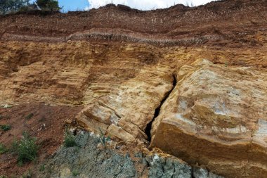 Son kasırga ve deprem sonra yeryüzünde Yalı heyelan bölgesinde derin çatlaklar. Dünya'büyük tehlikeli çatlaklar. Çığ ve toprak hareketi tehlikesi. Web toprağa çatlaklar