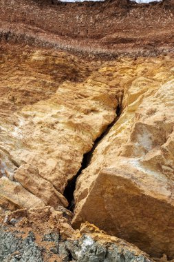 Son kasırga ve deprem sonra yeryüzünde Yalı heyelan bölgesinde derin çatlaklar. Dünya'büyük tehlikeli çatlaklar. Çığ ve toprak hareketi tehlikesi. Web toprağa çatlaklar