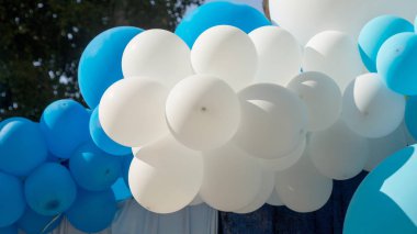 Hava balonları arka plan, helyum balonları, mutlu Doğum günü, sürpriz tatil, dekorasyon için büyük demet. Mavi ve beyaz hava balon farklı boyutlarda gökyüzü arka plan üzerinde Festival arka plan.