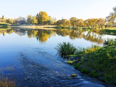 Otantik sonbahar manzara gölette Şehir Parkı. Sarı yapraklar yere ve suya düşer. Sıcak renkler ve patika ile renkli sonbahar manzaraları sayfaları ile kaplı. İnsanlar rahatlatıcı Park