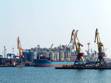 Odessa port liman içinde konteyner terminali, büyük deniz kargo gemileri mallarına sisli bir günde yükleme için büyük Vinçler