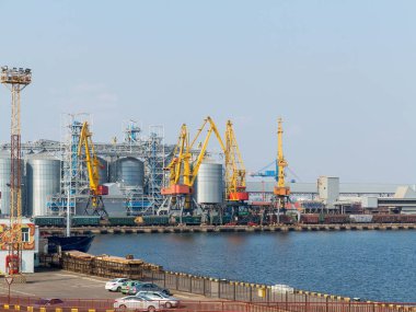 Odessa port liman içinde konteyner terminali, büyük deniz kargo gemileri mallarına sisli bir günde yükleme için büyük Vinçler