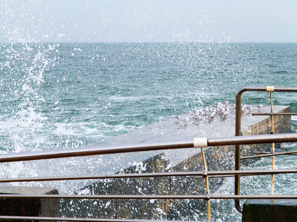 Величезні Штормові Хвилі Розбиваються Поблизу Міської Набережної Драматичне Небо Фоні — стокове фото