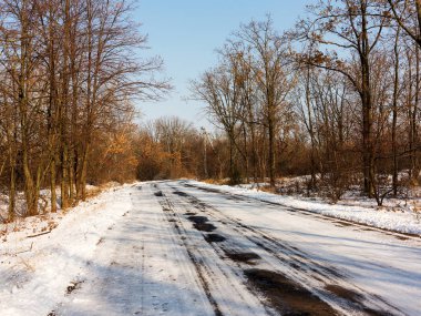 Karla kaplı asfalt yol karla kaplı ormanın içinden geçmektedir. Günbatımı kış orman içinde. Ormanıyla kaplı ağaçlar kar kış manzara. 