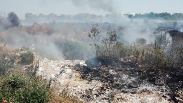 Παράνομη Καύση Οικιακών Απορριμμάτων Σκουπίδια Φωτιά Αναθυμιάσεις Και Σύννεφο Τοξικού — Αρχείο Βίντεο